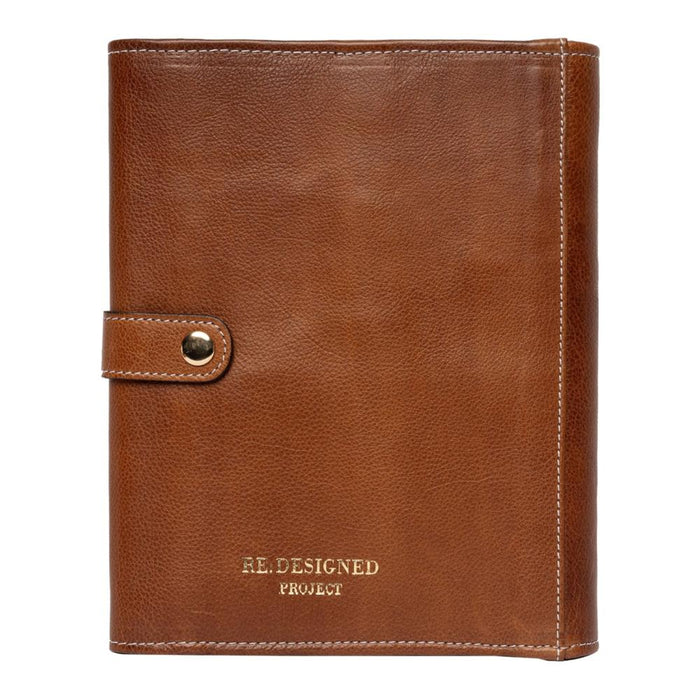 Walnut gold leather knitting needle case with snap closure, featuring multiple pockets for needles and accessories.
