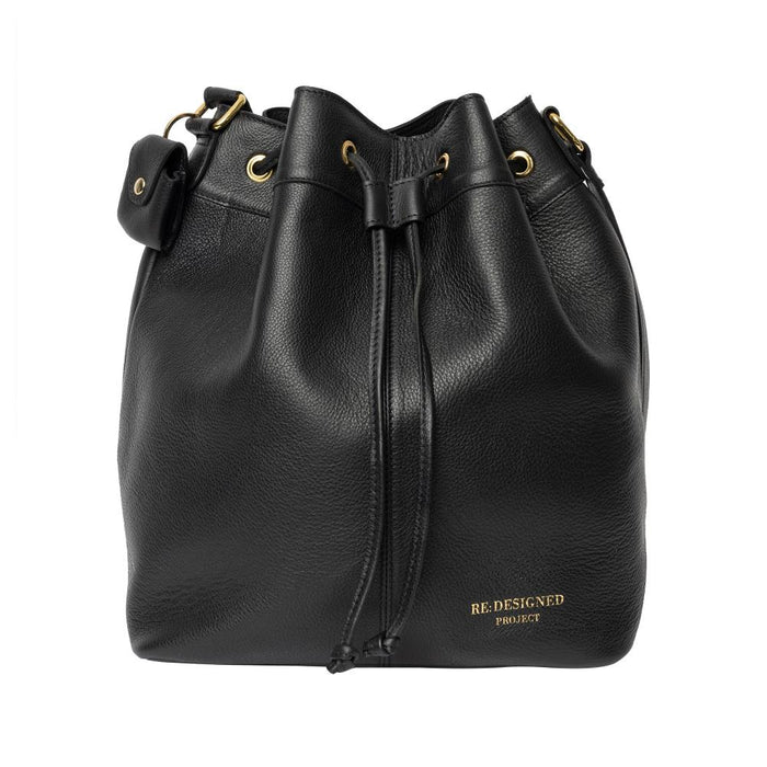 Black and gold genuine leather knitting bag with adjustable strap and drawstring closure.