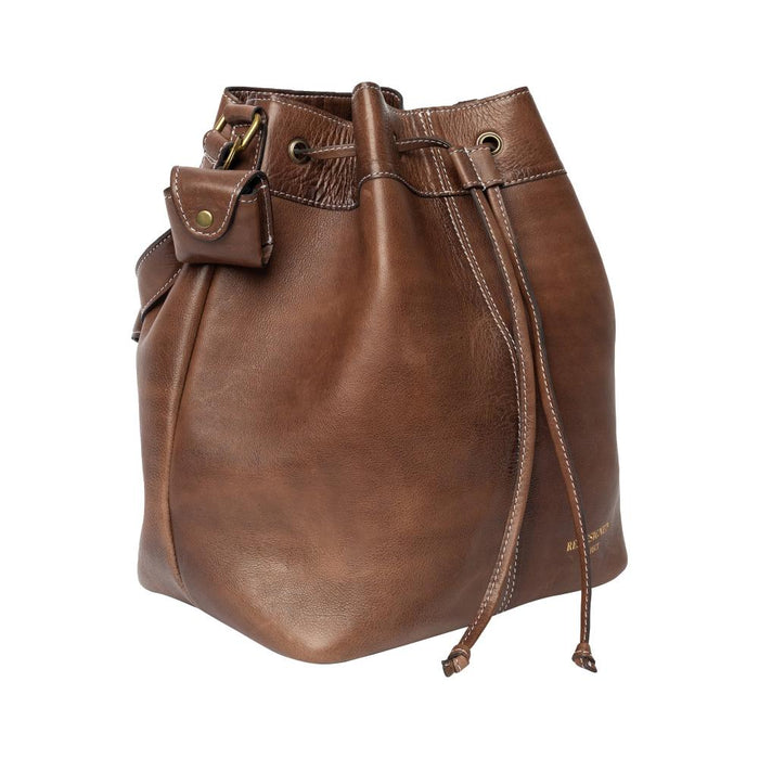 Knitting bag made of genuine leather in woodsmoke color with drawstring and adjustable strap.