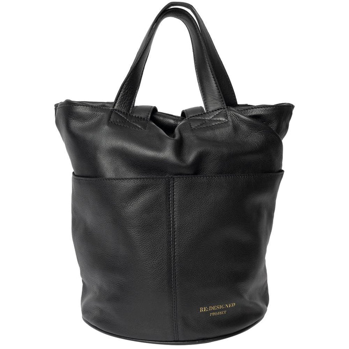 Black leather Project 24 Project Backpack, ideal knitting bag with multiple pockets and spacious compartment for organized crafting.
