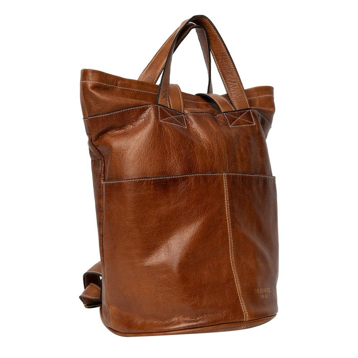 Handcrafted leather knitting bag in walnut color with multiple pockets for needles and yarn.
