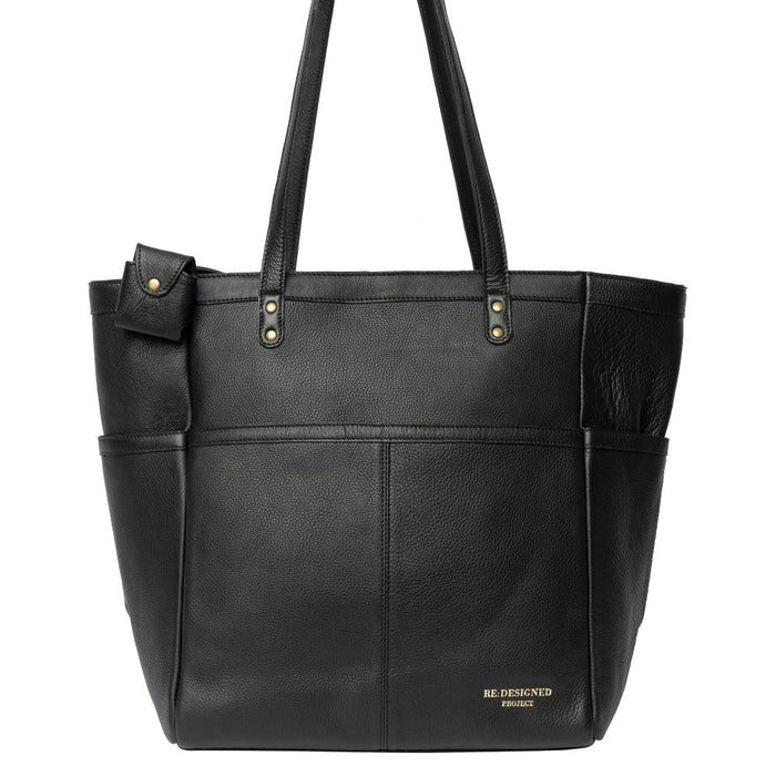 Black leather knitting bag with shoulder handles and compartments.