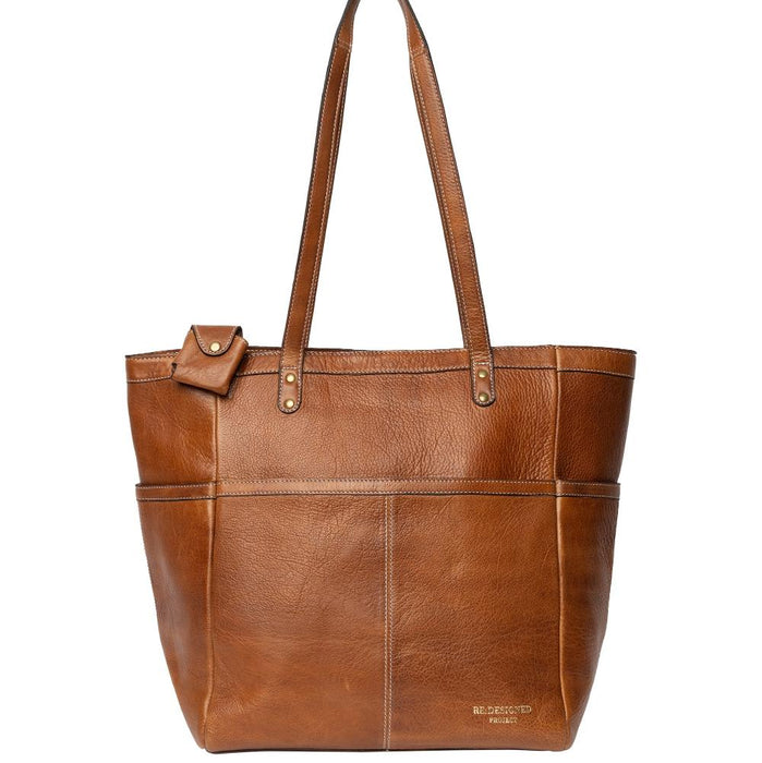Knitting bag in walnut leather with multiple pockets for organizing accessories.