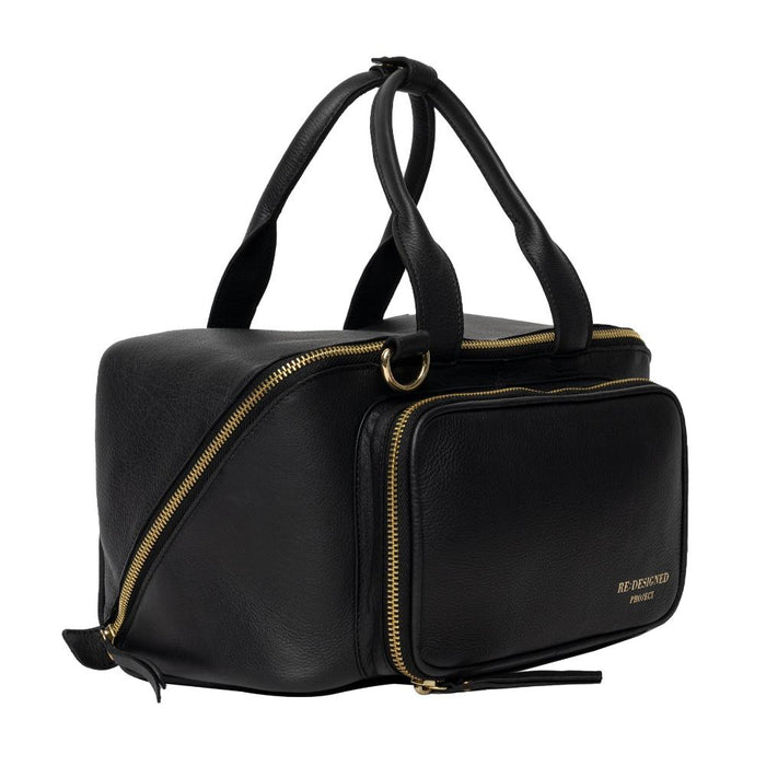 Black and gold leather knitting project bag with spacious interior and front pocket.