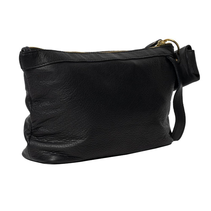 Knitting bag in black and gold leather with zipper and side handle.