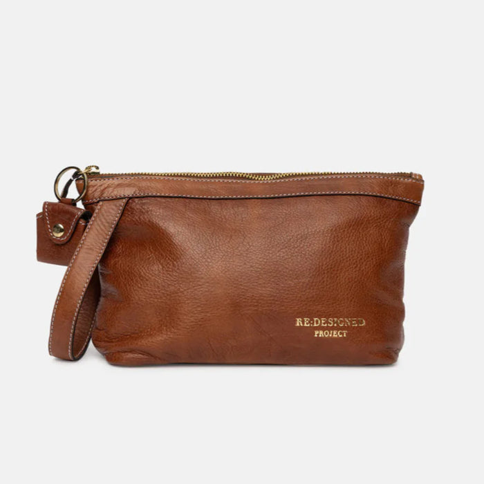 Project 4 Knitting Bag in Walnut/Gold leather with side handle and zipper.