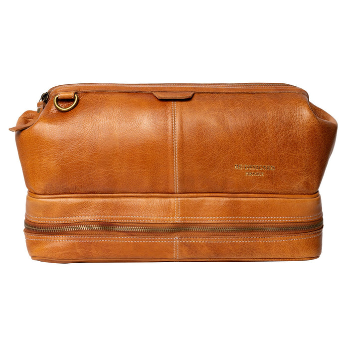 Leather knitting project bag in burned tan with doctor-style design and multiple compartments for circular needles and notions.