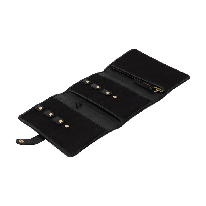 Black and gold leather circular needle knitting case with pockets and snap closures.
