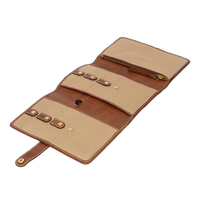 Knitting bag for organizing circular needles with pockets and zippered compartment in walnut and gold leather.