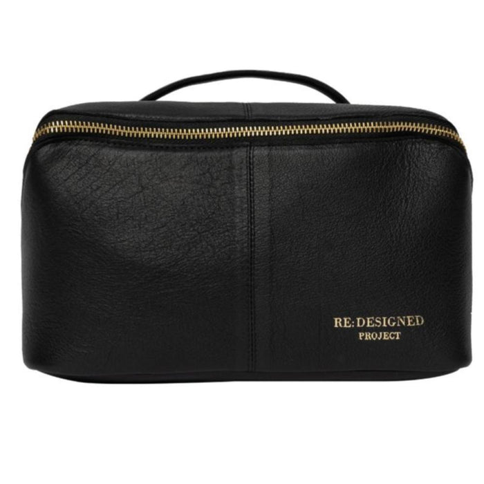 Black and gold premium leather knitting project bag with zip closure.