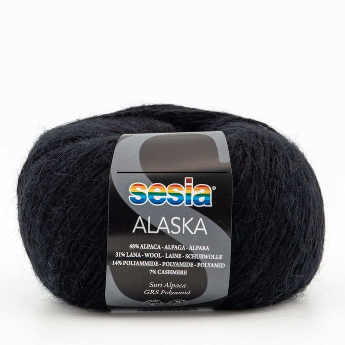 Sesia Alaska yarn for Sophie Scarf Knit Kit with a luxurious alpaca, wool, cashmere blend in elegant black.