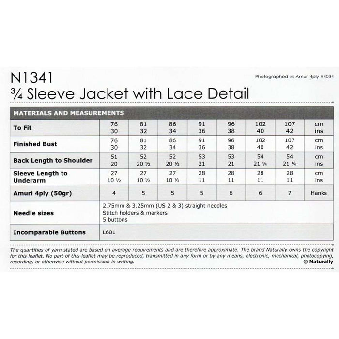 3/4 Sleeve Jacket with Lace Detail Knitting Pattern (N1341)-Needlecraft Patterns-Wentworth Distributors-Printed-Wild & Woolly Yarns
