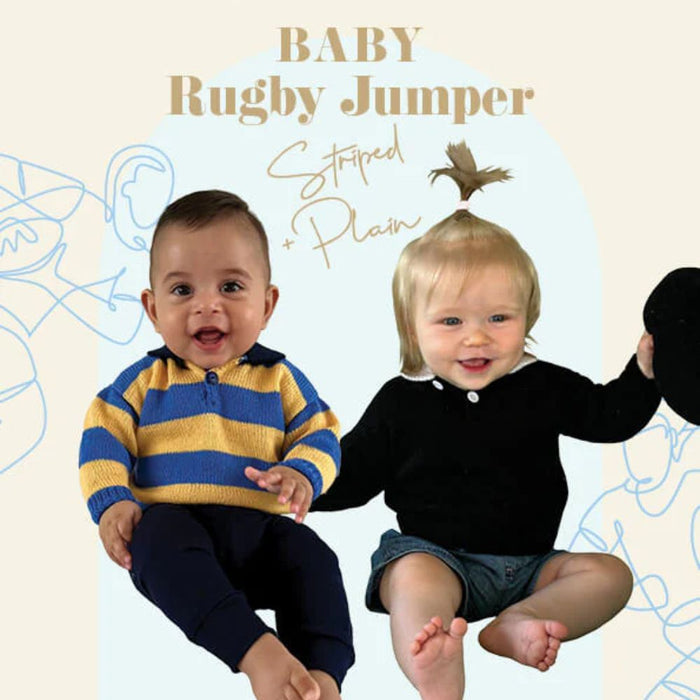 Baby rugby jumper knitting pattern in 4ply for 0-12 months, featuring striped and plain designs.