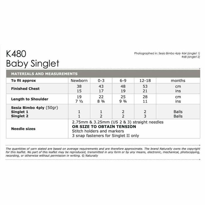 Baby Singlet Knitting Pattern (K480)-Needlecraft Patterns-Wentworth Distributors-Printed-Wild & Woolly Yarns