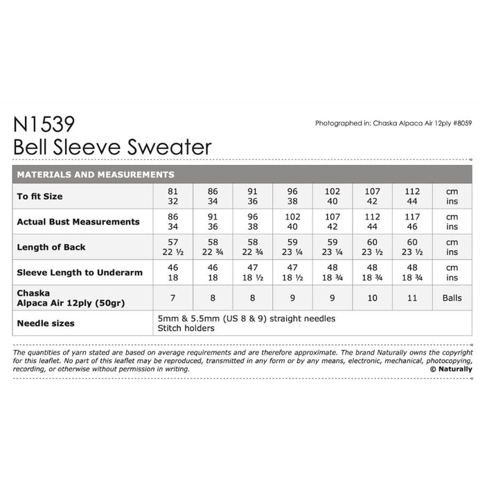 Bell Sleeve Sweater Knitting Pattern (N1539)-Needlecraft Patterns-Wentworth Distributors-Printed-Wild & Woolly Yarns