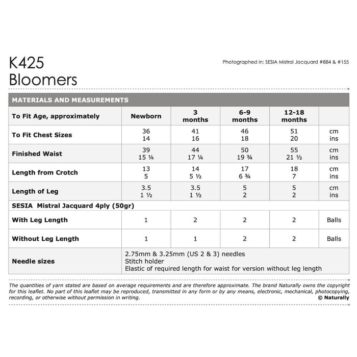 Bloomers Knitting Pattern (K425)-Needlecraft Patterns-Wentworth Distributors-Printed-Wild & Woolly Yarns