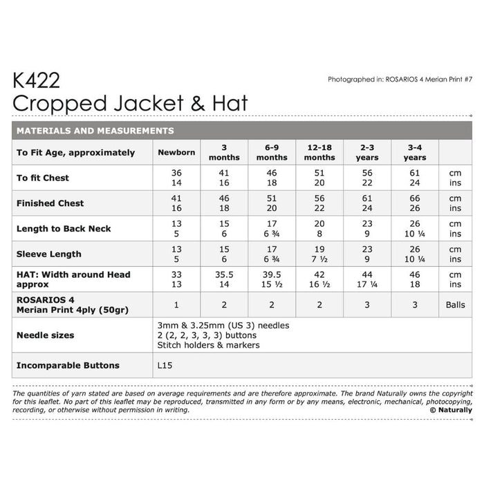 Cropped Jacket & Hat Knitting Pattern (K422)-Needlecraft Patterns-Wentworth Distributors-Printed-Wild & Woolly Yarns