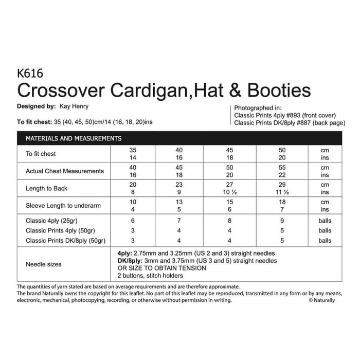 Cross-over Cardigan, Hat & Booties Knitting Pattern (K616)-Needlecraft Patterns-Wentworth Distributors-Printed-Wild & Woolly Yarns