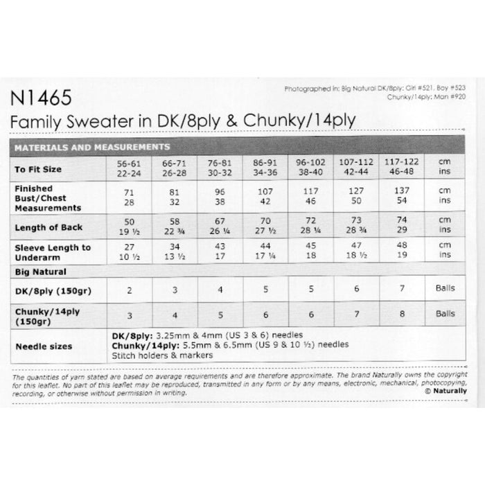 Family Sweater Knitting Pattern (N1465)-Needlecraft Patterns-Wentworth Distributors-Printed-Wild & Woolly Yarns