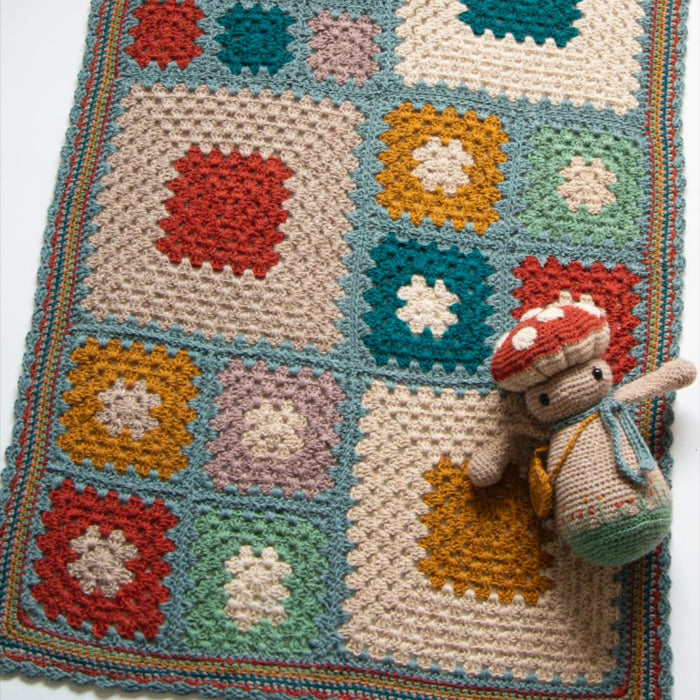 Granny Square Pram Blanket with Baby Mushroom Doll Crochet Pattern (K3058)