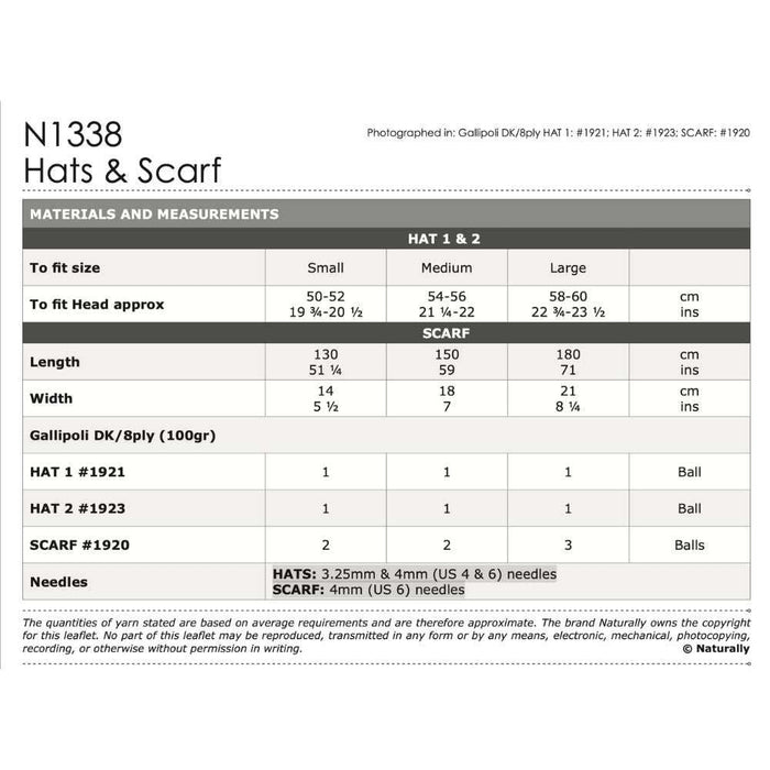 Hats & Scarf Knitting Pattern (N1338)-Needlecraft Patterns-Wentworth Distributors-Printed-Wild & Woolly Yarns