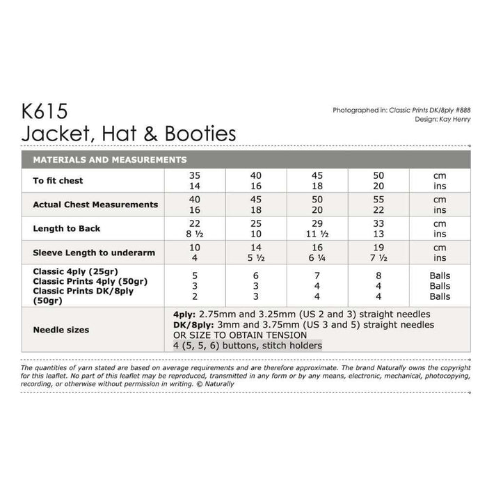Jacket, Hat & Booties Knitting Pattern (K615)-Needlecraft Patterns-Wentworth Distributors-Printed-Wild & Woolly Yarns