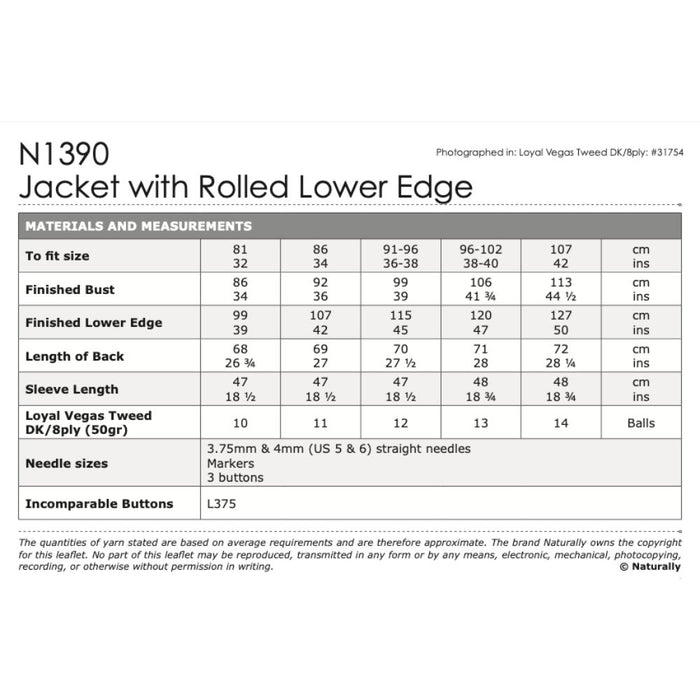 Jacket with Rolled Lower Edge Knitting Pattern (N1390)-Needlecraft Patterns-Wentworth Distributors-Printed-Wild & Woolly Yarns