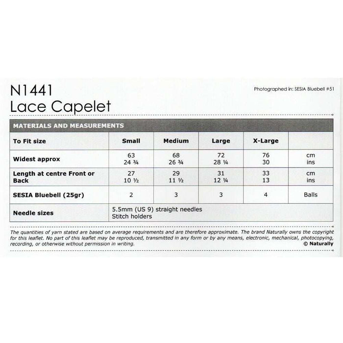 Lace Caplet Knitting Pattern (N1441)-Needlecraft Patterns-Wentworth Distributors-Wild & Woolly Yarns