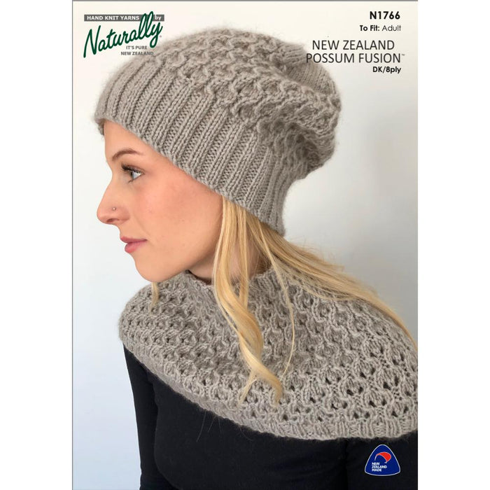 Knitted lace cowl and beanie set in New Zealand Possum Fusion DK yarn.