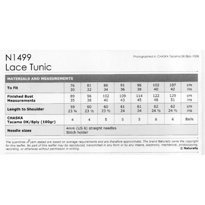 Lace Tunic Knitting Pattern (N1499)**-Needlecraft Patterns-Wentworth Distributors-Printed-Wild & Woolly Yarns