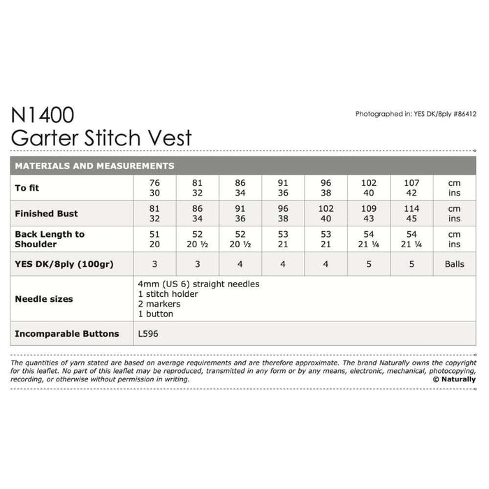 Ladies Garter Stitch Vest Knitting Pattern (N1400)***-Needlecraft Patterns-Wentworth Distributors-Printed-Wild & Woolly Yarns