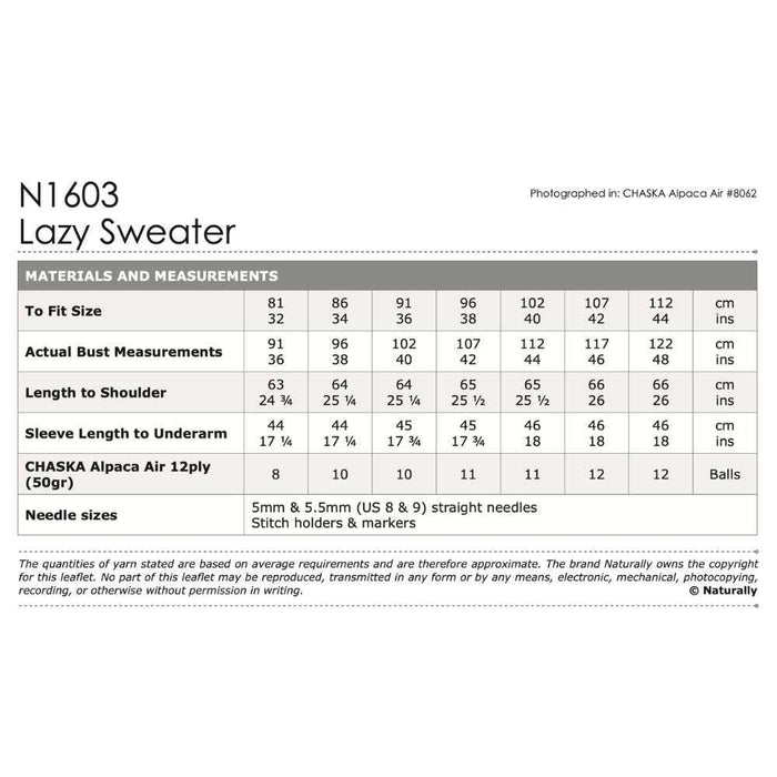 Lazy Sweater Knitting Pattern (N1603)-Needlecraft Patterns-Wentworth Distributors-Printed-Wild & Woolly Yarns