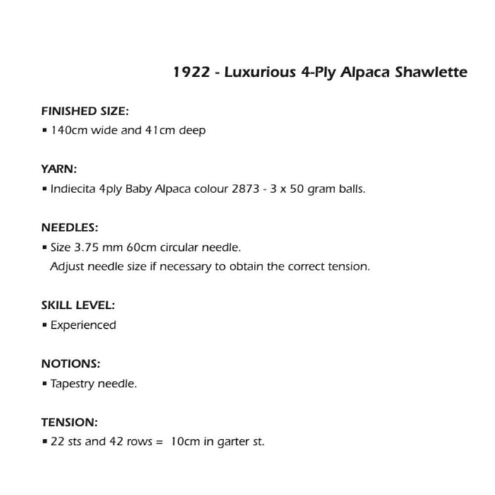 Luxurious Shawlette Knitting Pattern (AP1922)-Needlecraft Patterns-Alpaca Yarns-Printed-Wild & Woolly Yarns