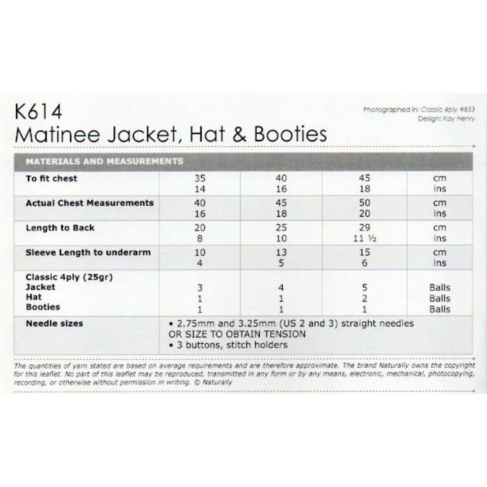 Matinee Jacket, Hat & Booties Knitting Pattern (K614)-Needlecraft Patterns-Wentworth Distributors-Printed-Wild & Woolly Yarns