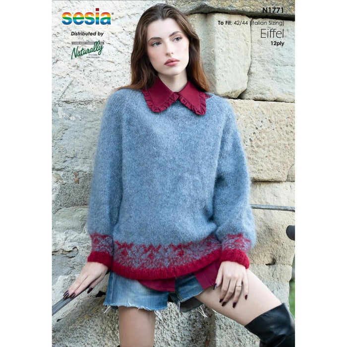 Mohair sweater knitting pattern featuring an elegant mohair and silk blend with a Jacquard design, shown worn by a model against a stone background.