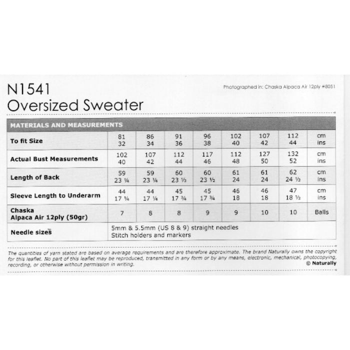 Oversized Sweater Knitting Pattern (N1541)-Needlecraft Patterns-Wentworth Distributors-Printed-Wild & Woolly Yarns