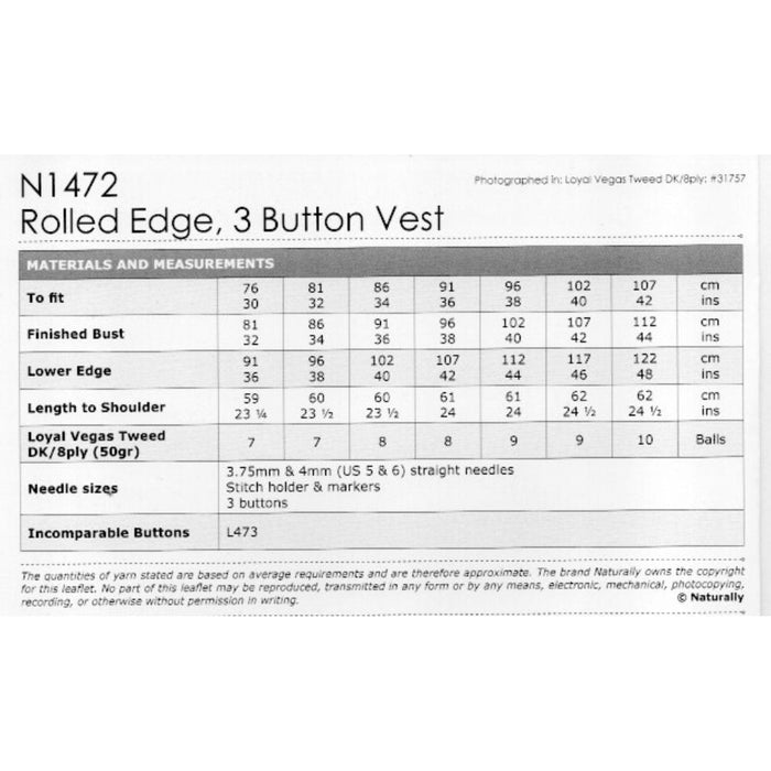 Rolled Edge, 3 Button vest Knitting Pattern (N1472)-Needlecraft Patterns-Wentworth Distributors-Printed-Wild & Woolly Yarns