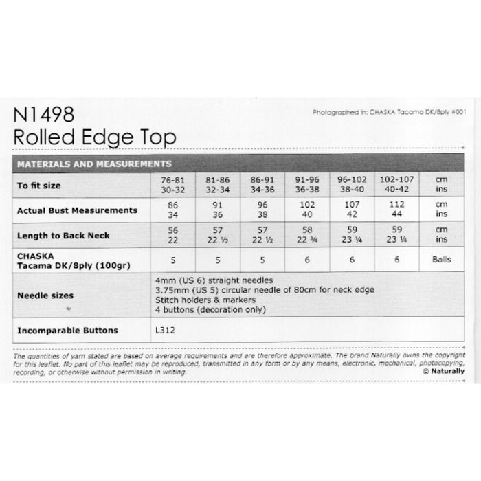 Rolled Edge Top Knitting Pattern (N1498)-Needlecraft Patterns-Wentworth Distributors-Printed-Wild & Woolly Yarns