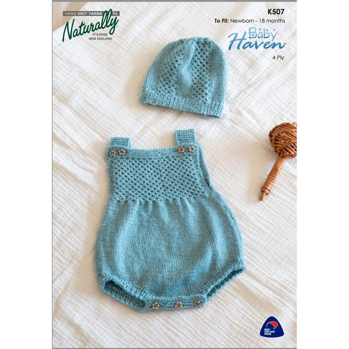 Knitting pattern for baby romper and hat set in blue Baby Haven 4ply yarn with cable and ribbed details.