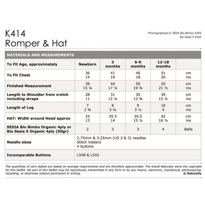 Romper and Hat Knitting Pattern (K414)-Needlecraft Patterns-Wentworth Distributors-Printed-Wild & Woolly Yarns