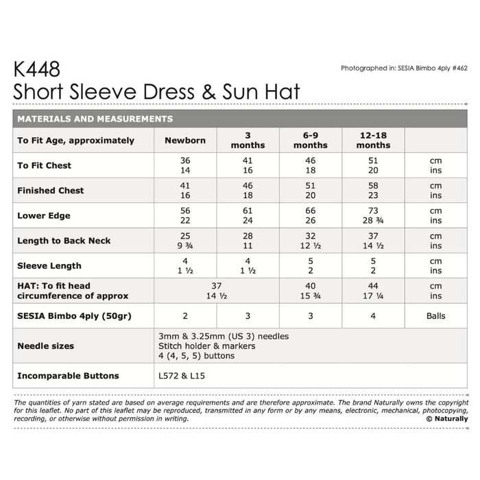 Short Sleeve Dress & Sun Hat Knitting Pattern (K448)-Pattern-Wild and Woolly Yarns