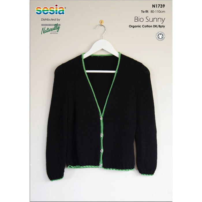 Simple Summer Cardigan knitting pattern in Sesia Bio Sunny DK/8ply.
