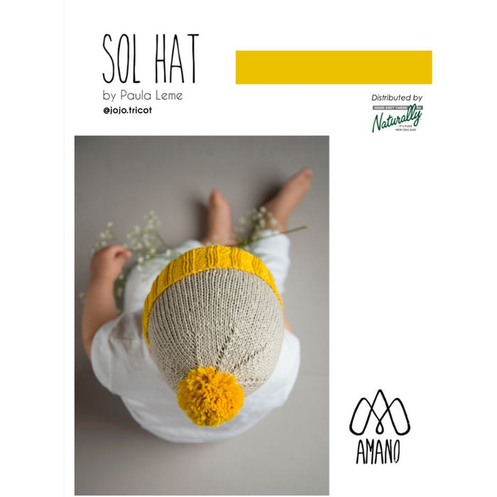 Sol Hat knitting pattern cover featuring a child wearing a stylish, yellow-topped knit hat designed for warmth with Amano Inti yarn.