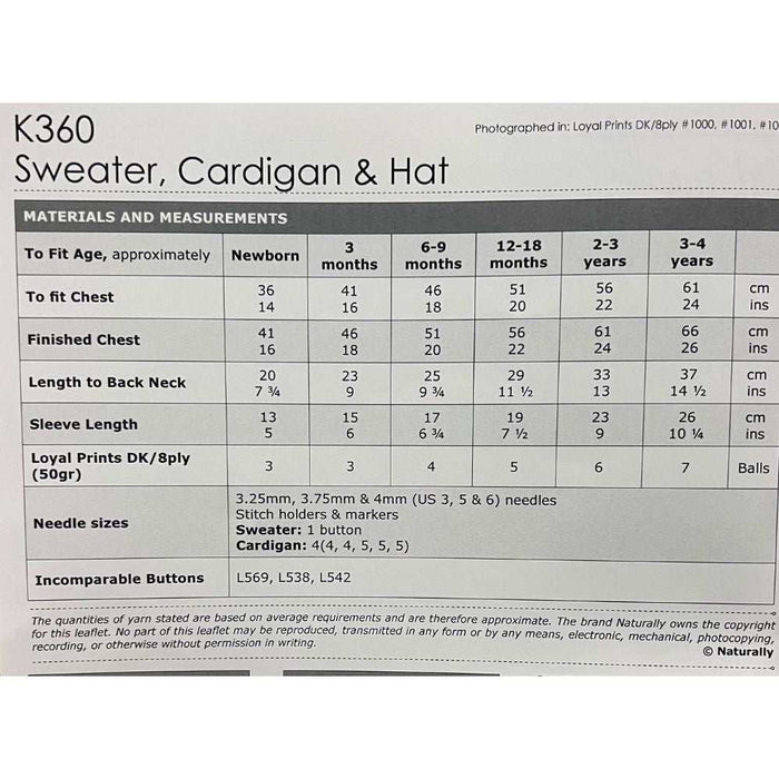 Sweater, Cardigan & Hat Knitting Pattern (K360)-Needlecraft Patterns-Wentworth Distributors-Printed-Wild & Woolly Yarns