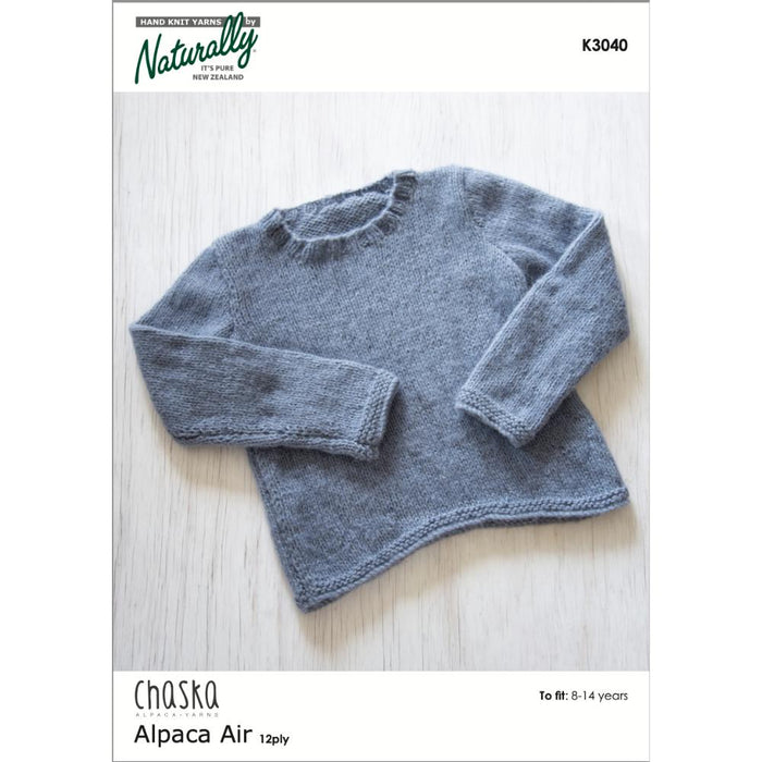 Shaped lower edge sweater knitting pattern in Chaska Alpaca Air 12ply yarn for ages 8-14.