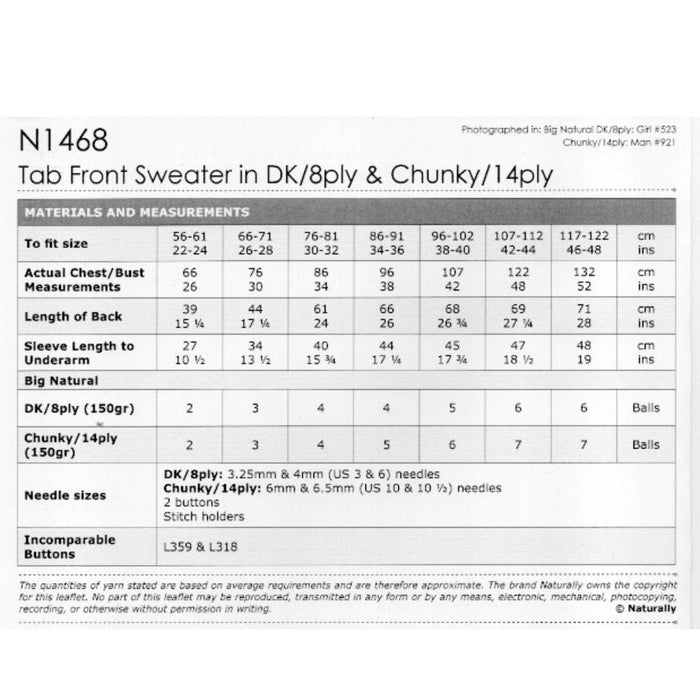 Tab Front Sweater Knitting Pattern (N1468)-Needlecraft Patterns-Wentworth Distributors-Printed-Wild & Woolly Yarns