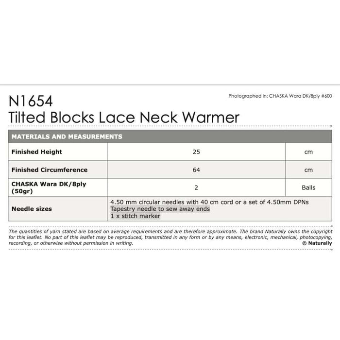 Tilted Blocks Lace Neck Warmer Knitting Pattern (N1654)-Needlecraft Patterns-Wentworth Distributors-Printed-Wild & Woolly Yarns