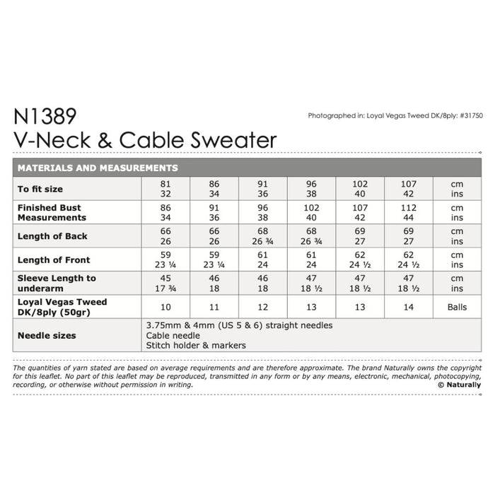 V-Neck & Cable Sweater Knitting Pattern (N1389)-Needlecraft Patterns-Wentworth Distributors-Printed-Wild & Woolly Yarns