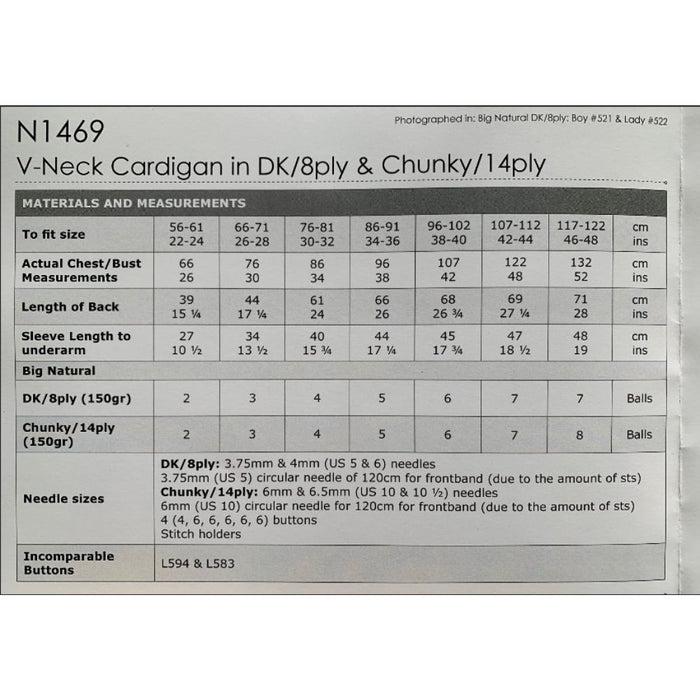V-Neck Cardigan Knitting Pattern (N1469)-Needlecraft Patterns-Wentworth Distributors-Printed-Wild & Woolly Yarns
