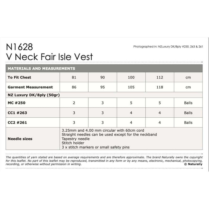 V Neck Fair Ilse Vest Knitting Pattern (N1628)-Needlecraft Patterns-Wentworth Distributors-Printed-Wild & Woolly Yarns